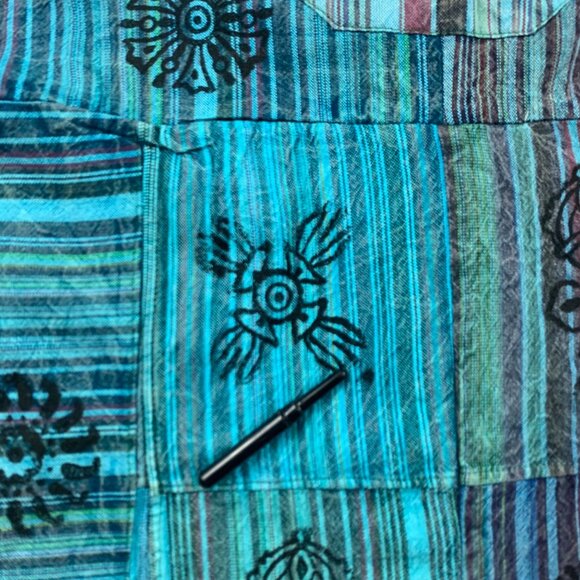 Vintage Wevez Turquoise Striped Cotton Stamp Print Relaxed Overalls One Size - Picture 5 of 9